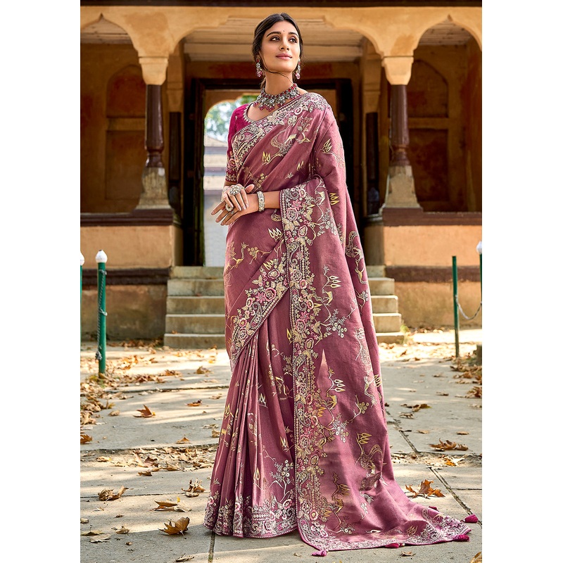 Vibrant Mauve Embroidered Silk Wedding Wear Contemporary Saree
