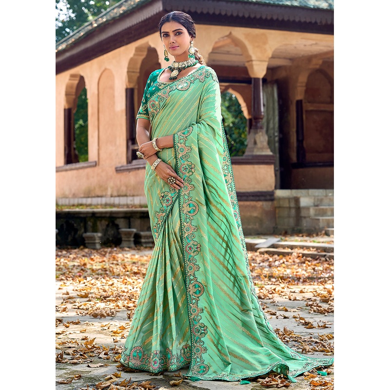 Vibrant Sea Green Embroidered Silk Wedding Wear Contemporary Saree