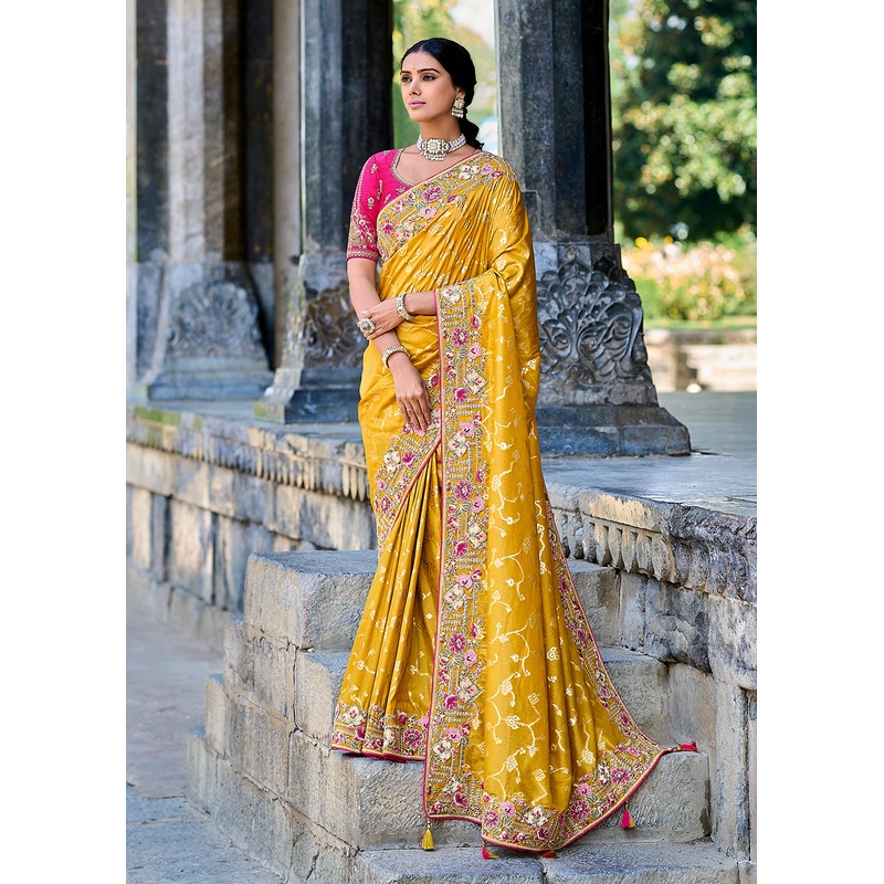 Vibrant Yellow Embroidered Silk Wedding Wear Contemporary Saree
