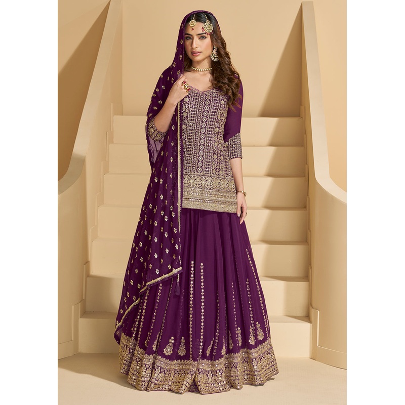 Wine Embroidered Georgette Designer Lehenga Style Suit