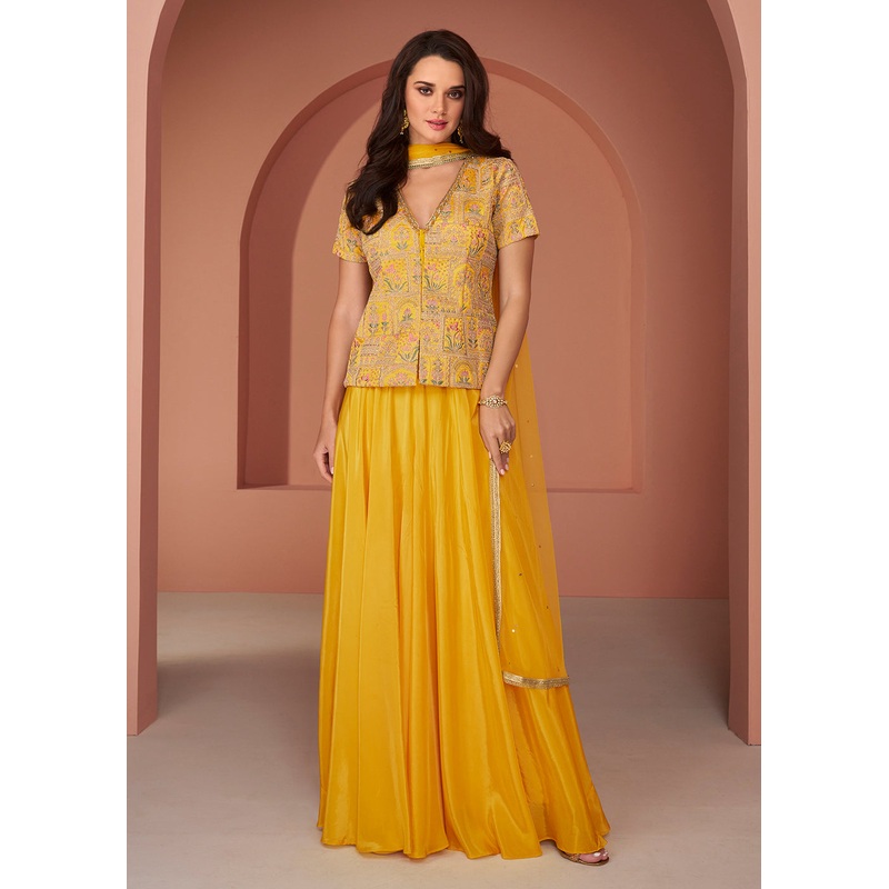 Yellow Embroidered Georgette Indo Wester Palazzo Suit