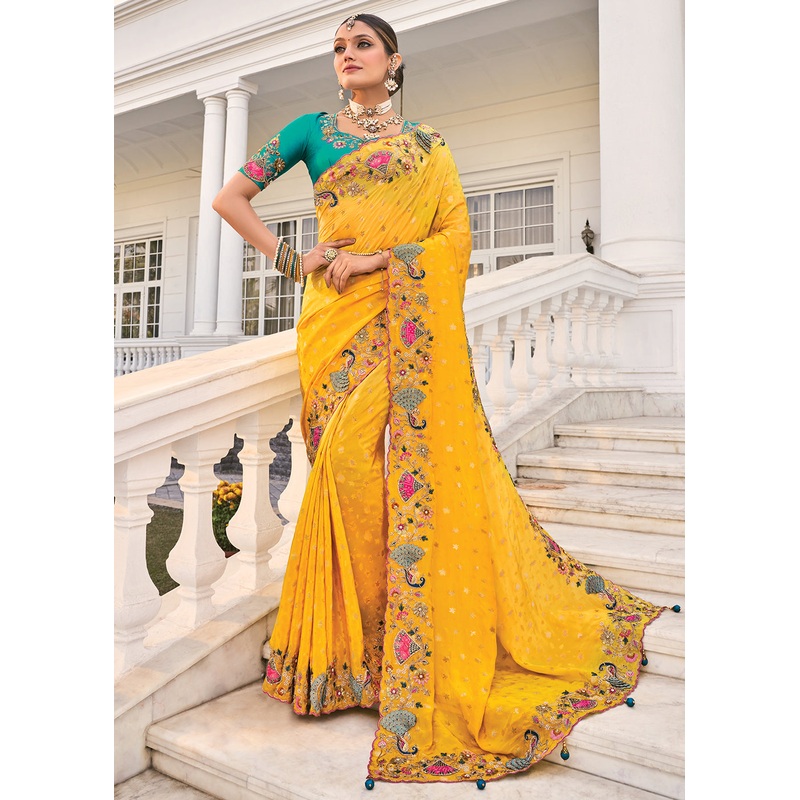Yellow Heavy Embroidered Wedding Designer Saree