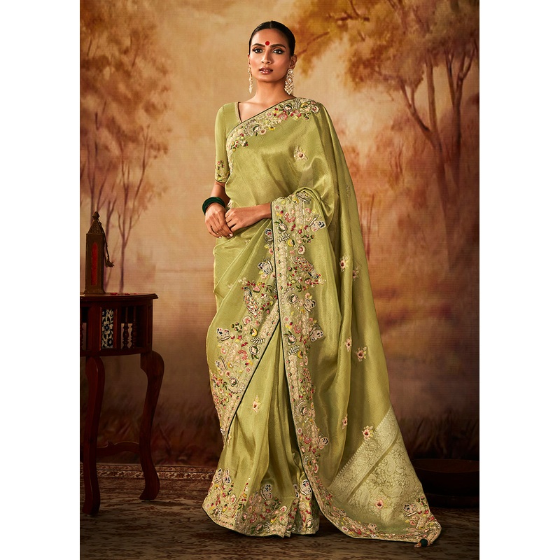 Apple Green Wedding Wear Embroidered Kanjivaram Silk Saree