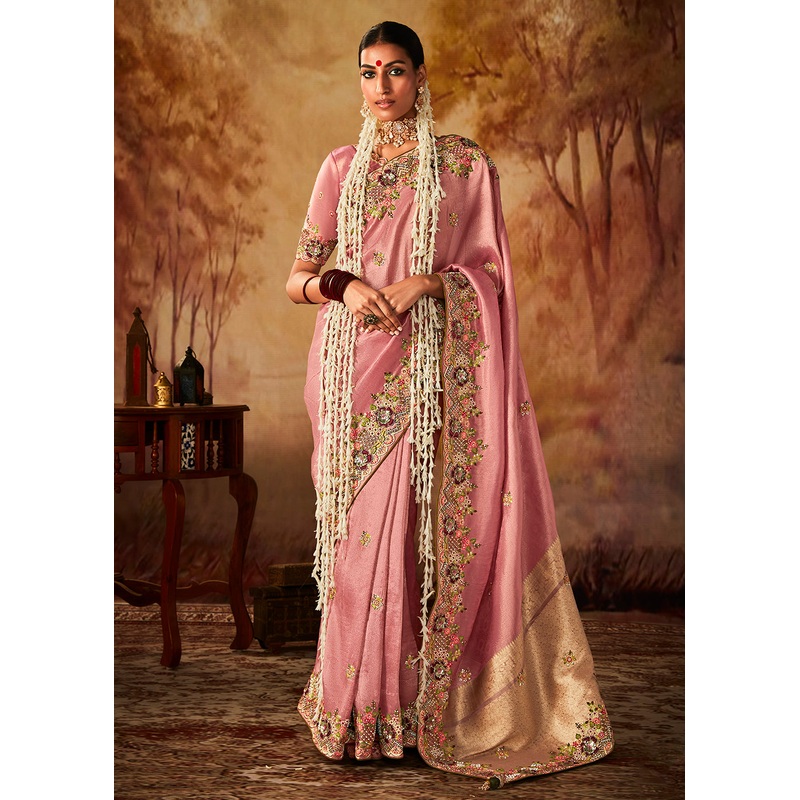 Baby Pink Wedding Wear Embroidered Kanjivaram Silk Saree