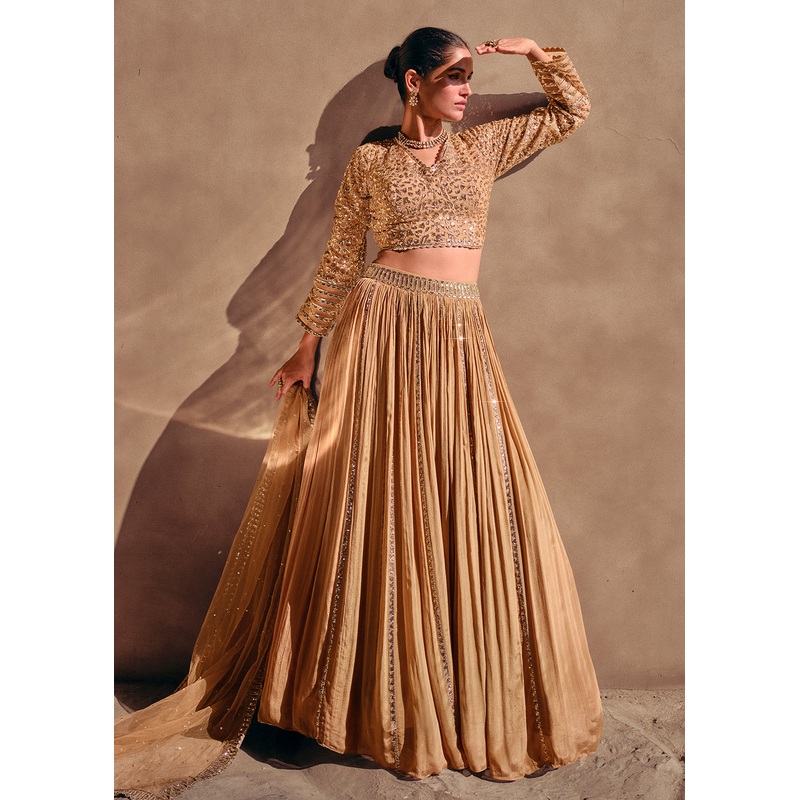Beige Party Wear Chinnon Silk Designer Lehenga Choli