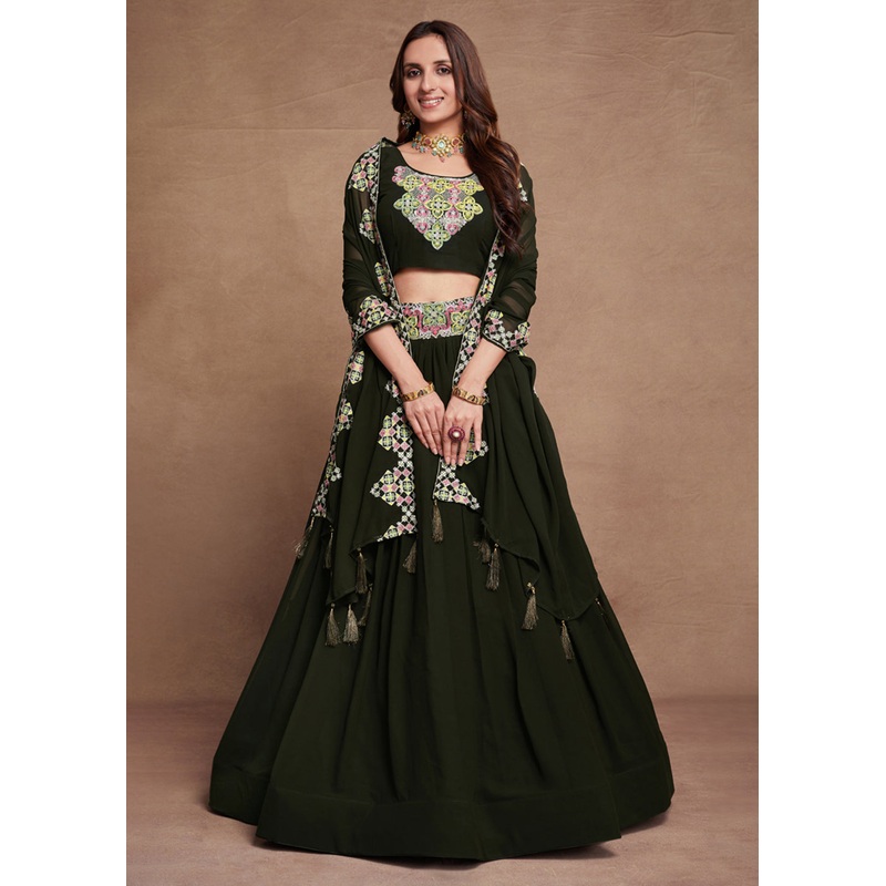 Blooming Georgette Green Embroidered Festive Lehenga Choli