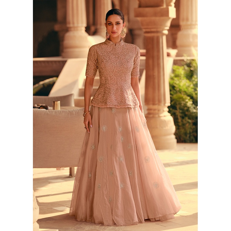 Blush Peach Organza Silk Embroidered Designer Lehenga Choli