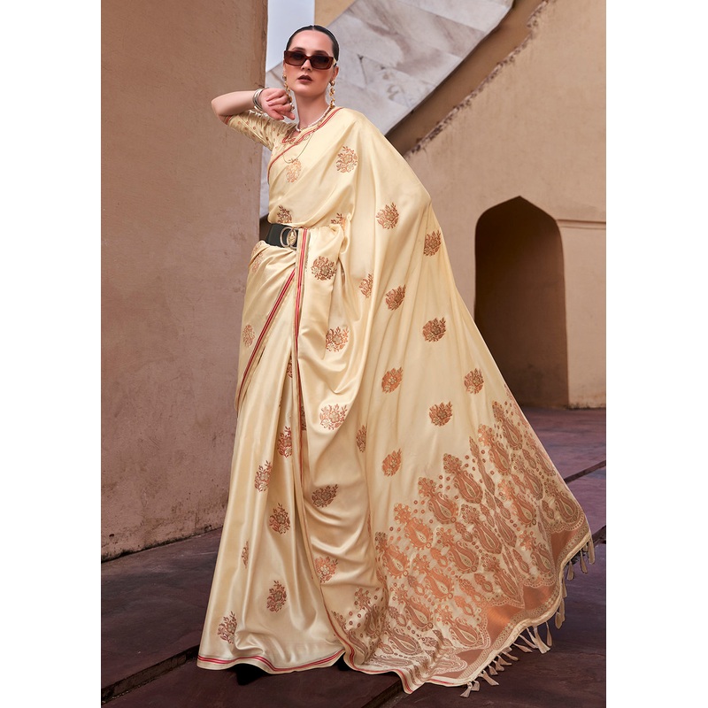 Buttermilk Beige Pure Satin Zari Weaving Wedding Festive Saree