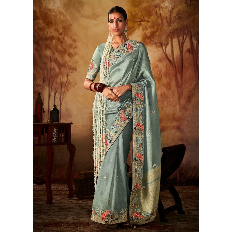 Cadet Blue Wedding Wear Embroidered Kanjivaram Silk Saree