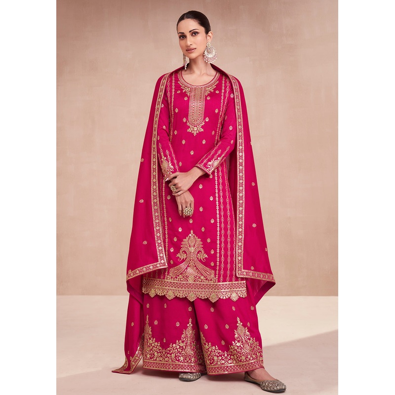 Captivating Hot Pink Zari Embroidered Palazzo Salwar Suit