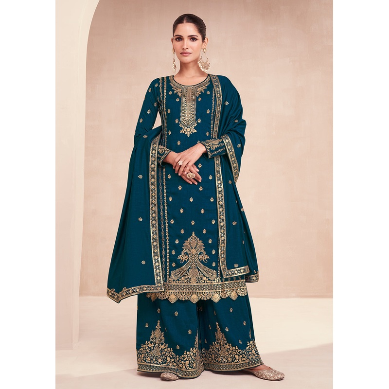 Captivating Teal Blue Zari Embroidered Palazzo Salwar Suit