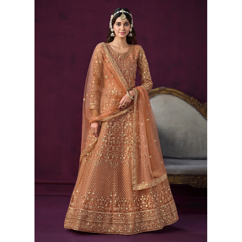 Charming Orange Embroidered Net Floor Length Anarkali Suit