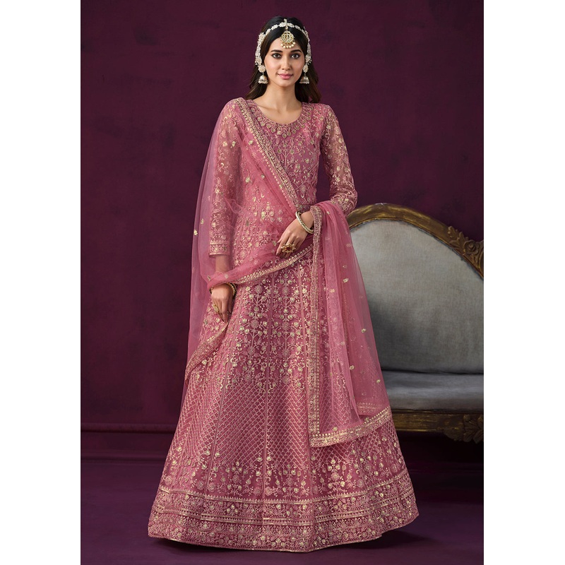 Charming Pink Embroidered Net Floor Length Anarkali Suit