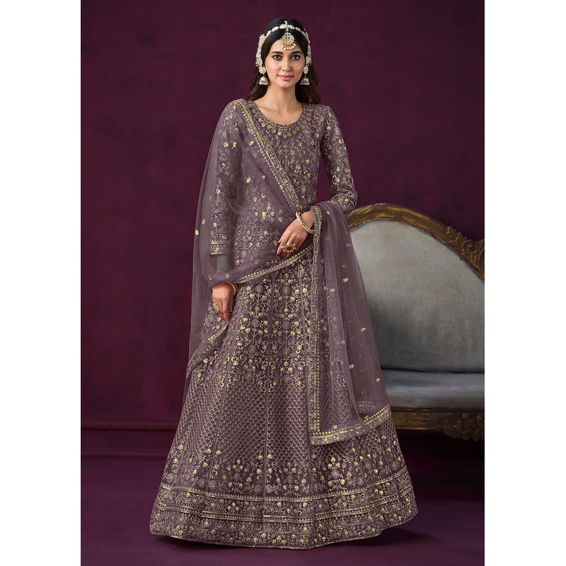 Charming Purple Embroidered Net Floor Length Anarkali Suit