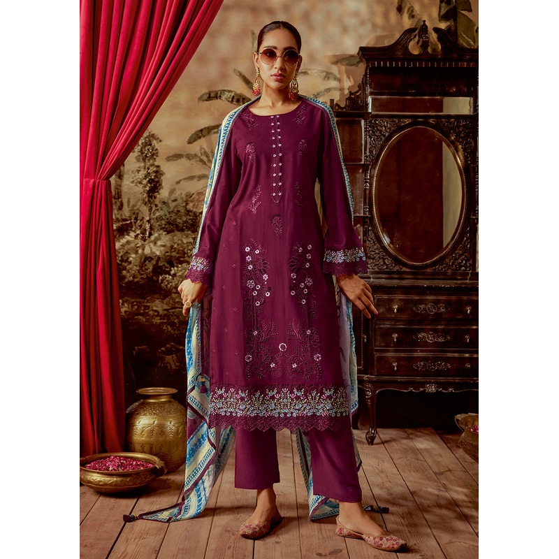 Charming Wine Parsi Style Embroidered Festive Salwar Suit