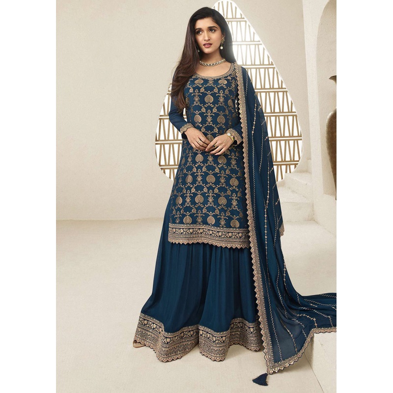 Chinnon Jacquard Prussian Blue Zari Embroidered Palazzo Suit