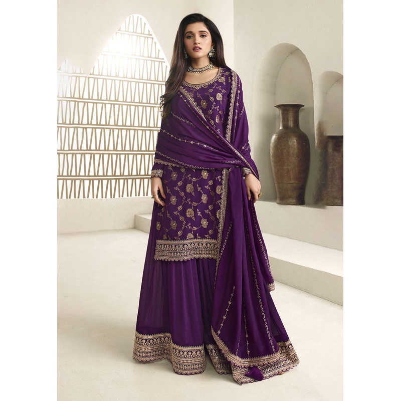 Chinnon Jacquard Purple Zari Embroidered Palazzo Suit