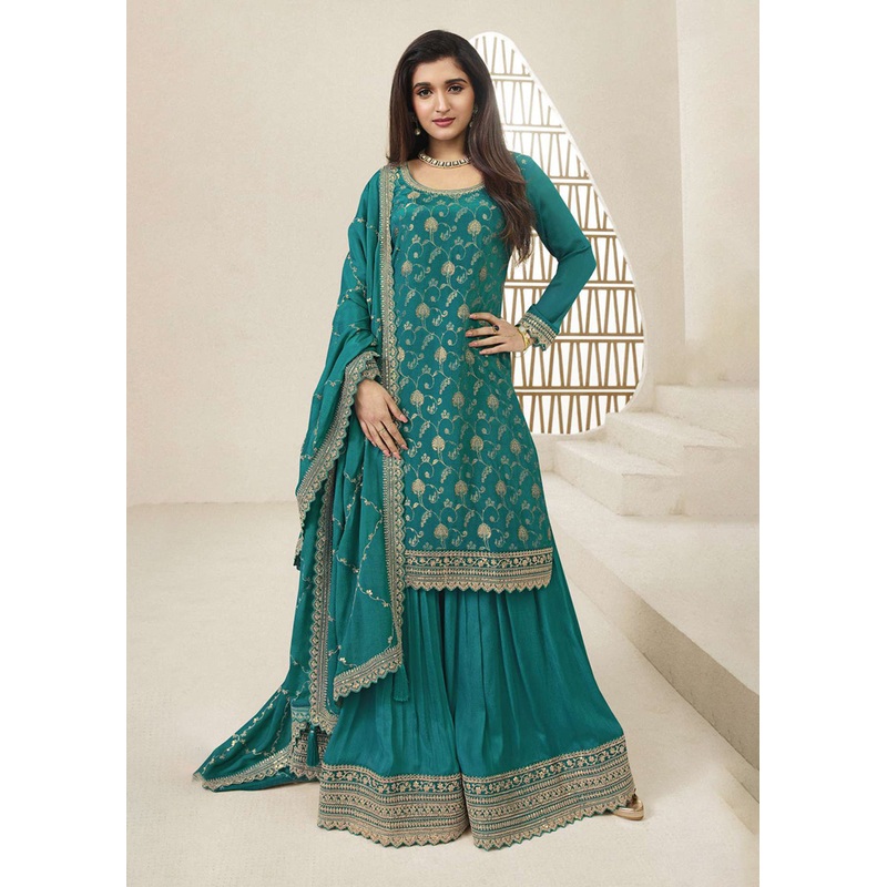 Chinnon Jacquard Rama Green Zari Embroidered Palazzo Suit