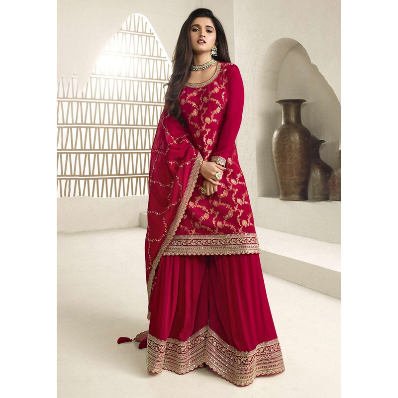 Chinnon Jacquard Red Zari Embroidered Palazzo Suit
