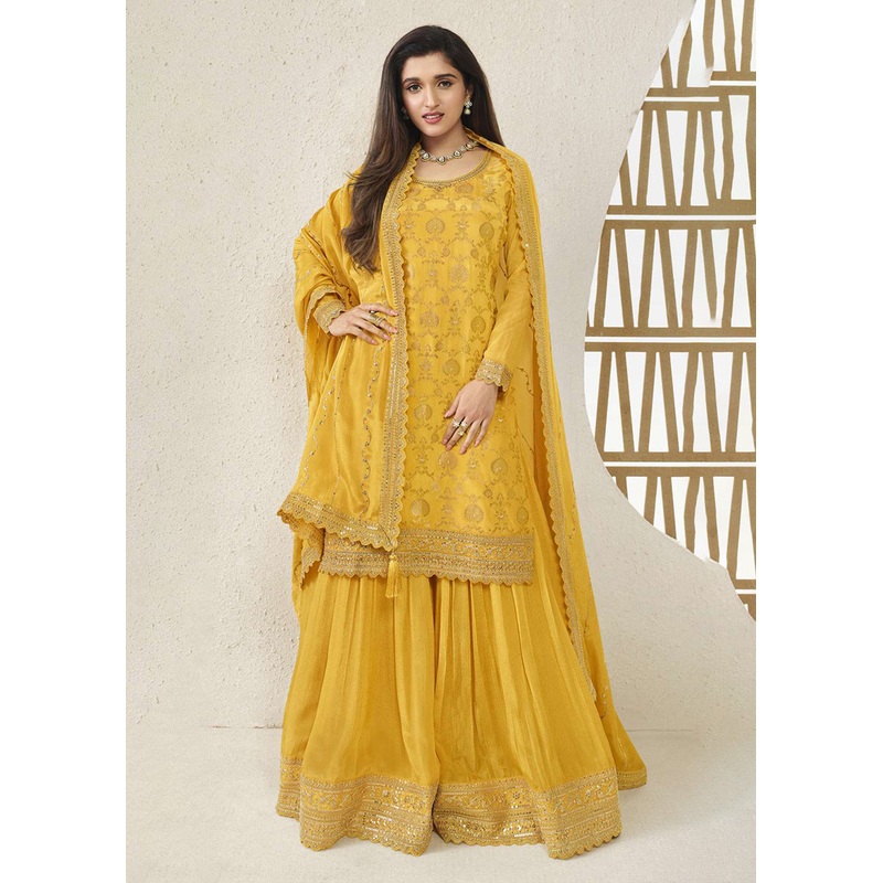 Chinnon Jacquard Yellow Zari Embroidered Palazzo Suit