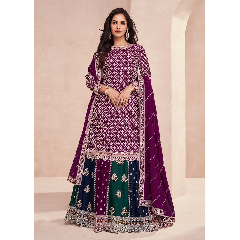 Dark Purple Multicolor Sequins Embroidered Lehenga Skirt Suit