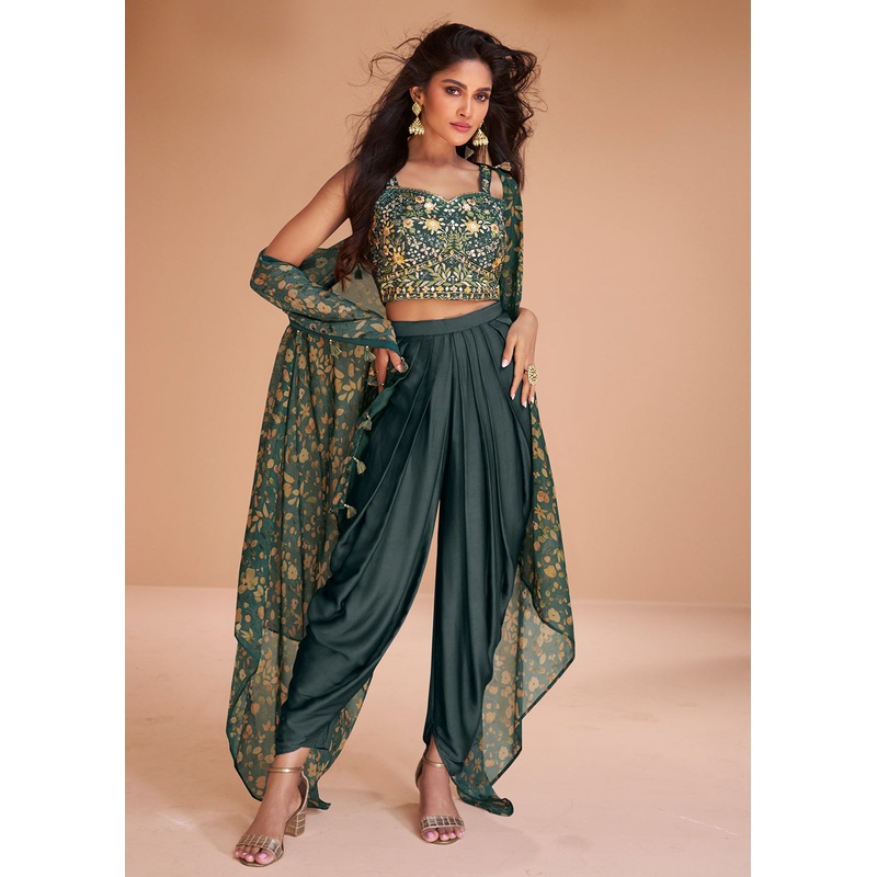 Deep Teal Satin Silk Indo Western Style Dhoti Pant Suit