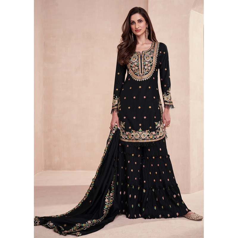 Dola Silk Pleasing Black Embroidered Designer Palazzo Suit