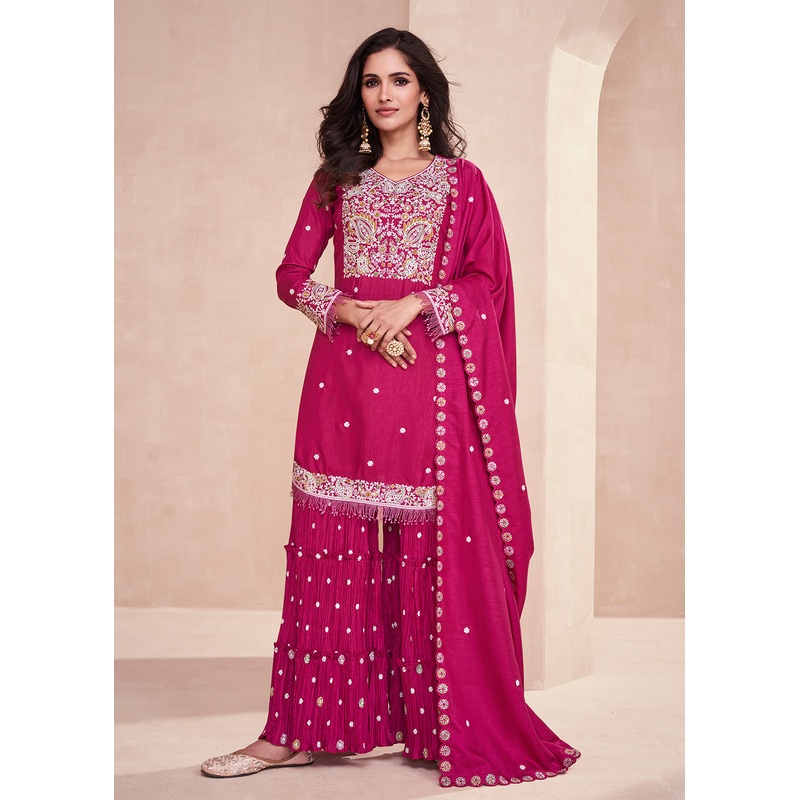 Dola Silk Pleasing Pink Embroidered Designer Palazzo Suit