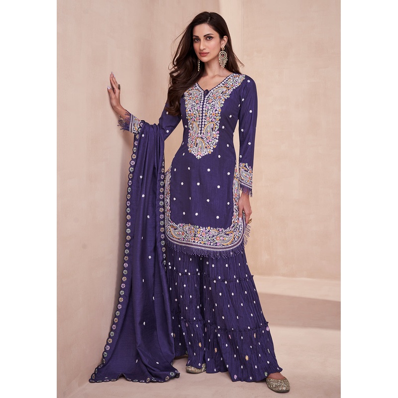 Dola Silk Pleasing Purple Embroidered Designer Palazzo Suit