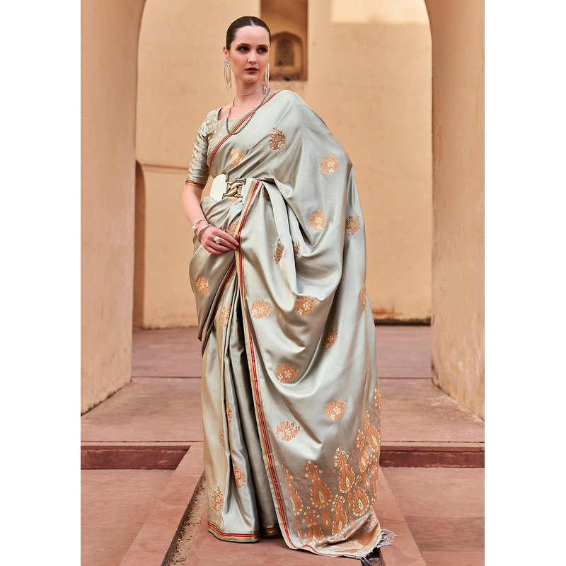 Dusty Grey Pure Satin Zari Weaving Wedding Festive Saree
