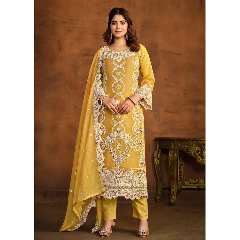 Festive Style Mustard Soft Organza Pant Style Salwar Suit