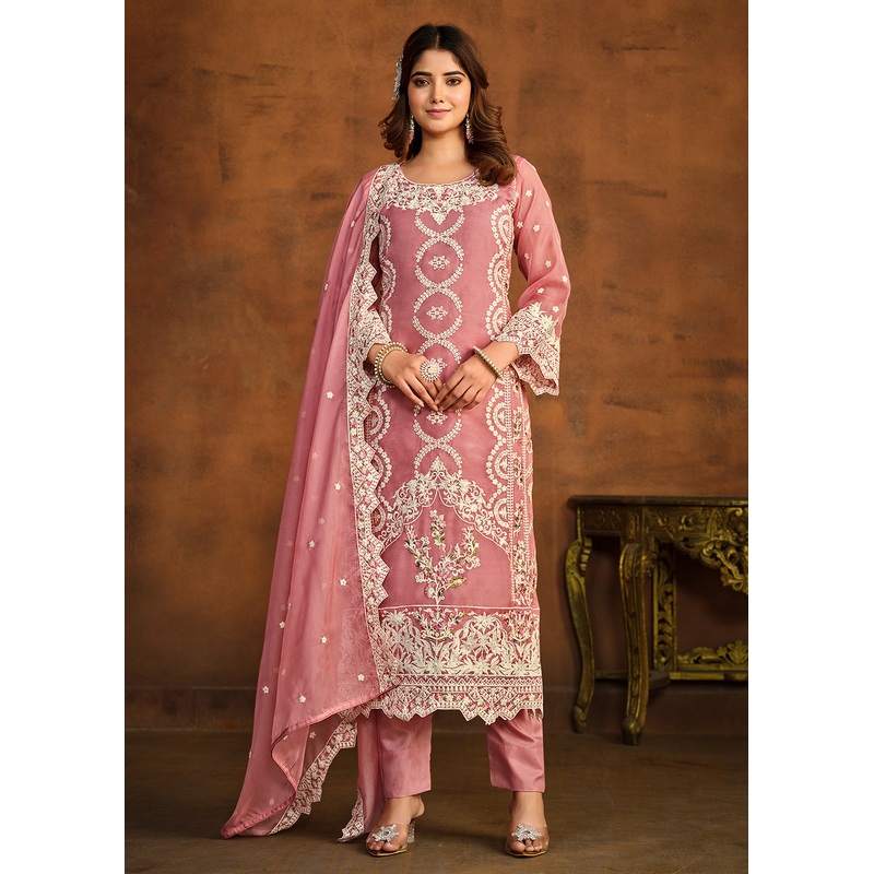 Festive Style Pink Soft Organza Pant Style Salwar Suit