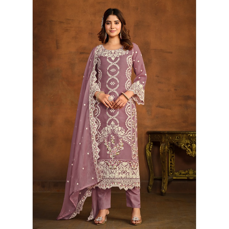 Festive Style Purple Soft Organza Pant Style Salwar Suit