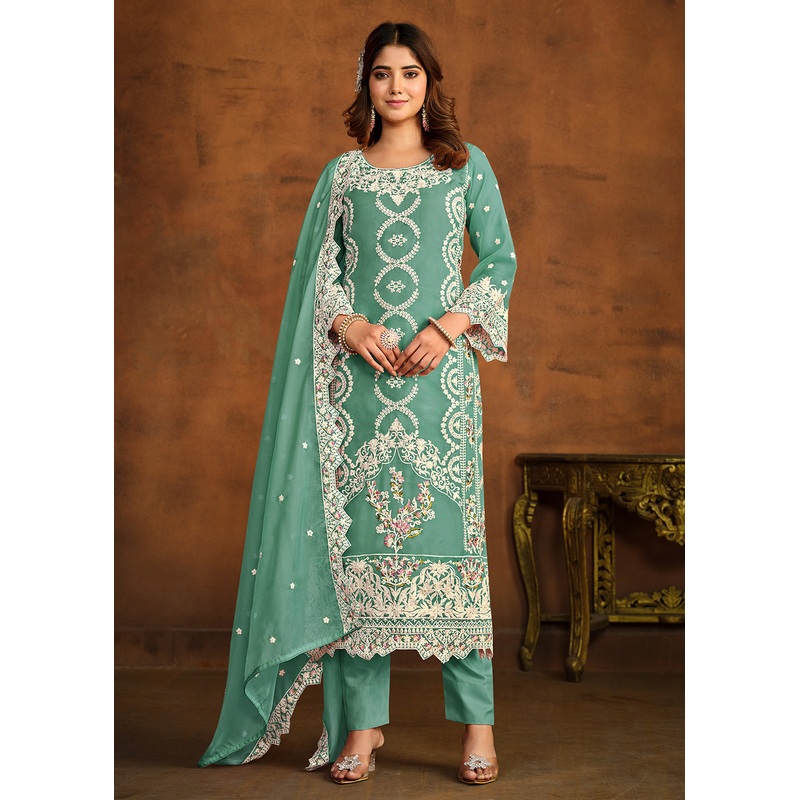 Festive Style Sea Green Soft Organza Pant Style Salwar Suit