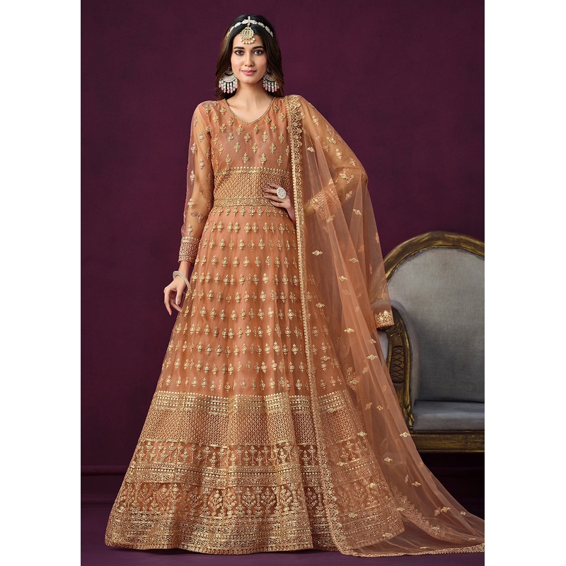 Floor Length Brown Sequins Embroidered Wedding Anarkali Suit