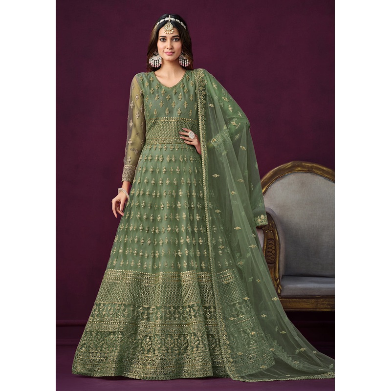 Floor Length Green Sequins Embroidered Wedding Anarkali Suit