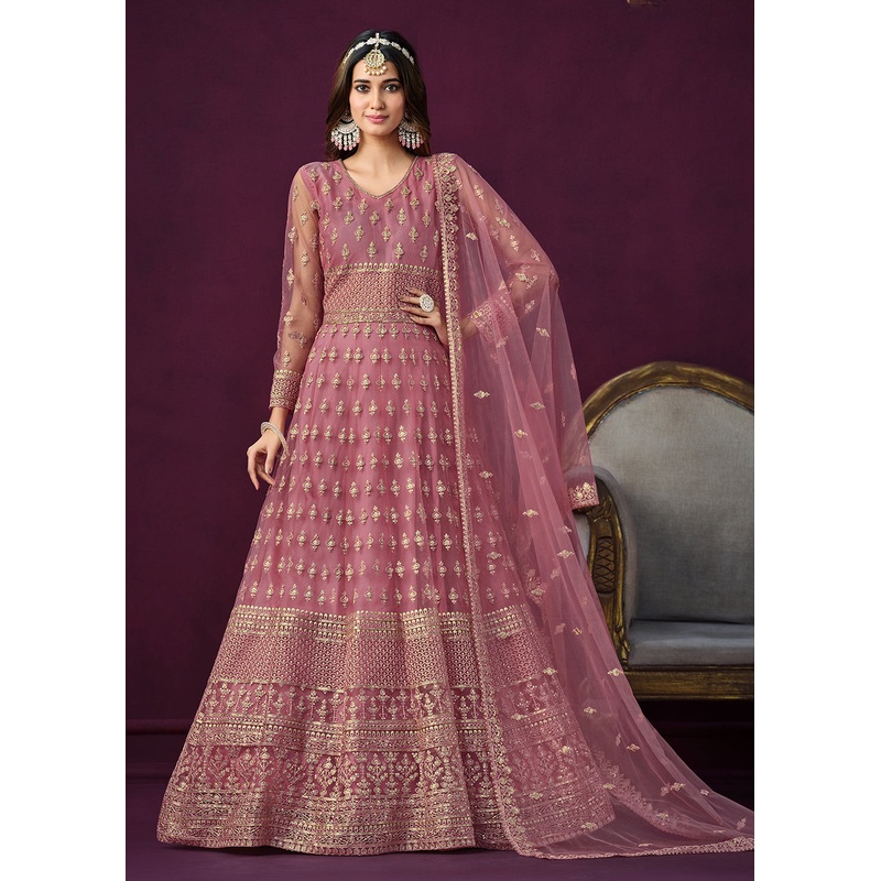 Floor Length Pink Sequins Embroidered Wedding Anarkali Suit