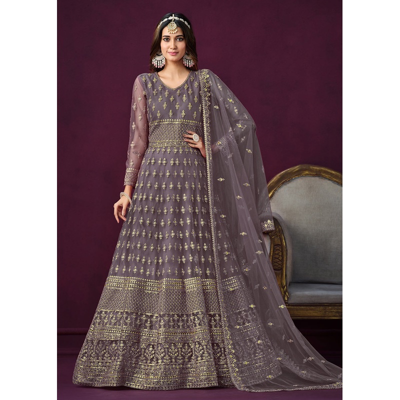 Floor Length Purple Sequins Embroidered Wedding Anarkali Suit