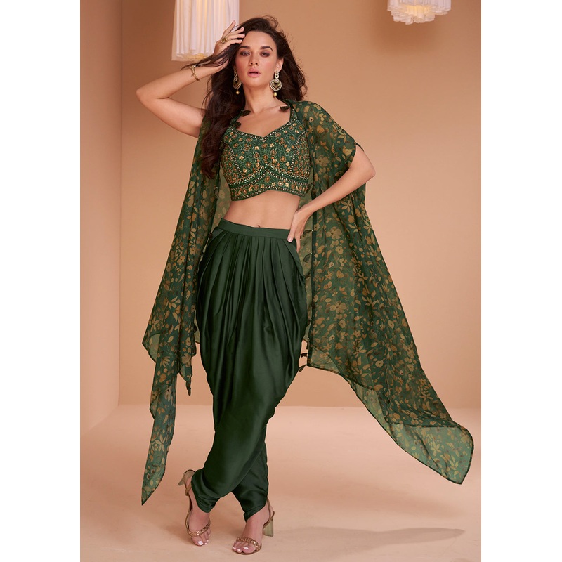 Forest Green Satin Silk Indo Western Style Dhoti Pant Suit