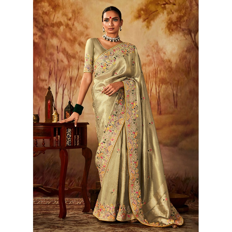 Golden Wedding Wear Embroidered Kanjivaram Silk Saree