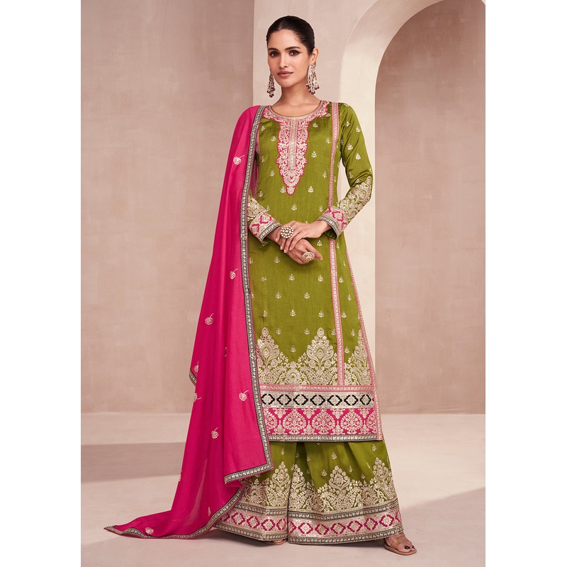 Green Embroidered Premium Silk Palazzo Suit with Pink Dupatta