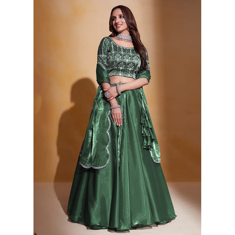 Green Organza Silk A Line Festive Party Lehenga Choli