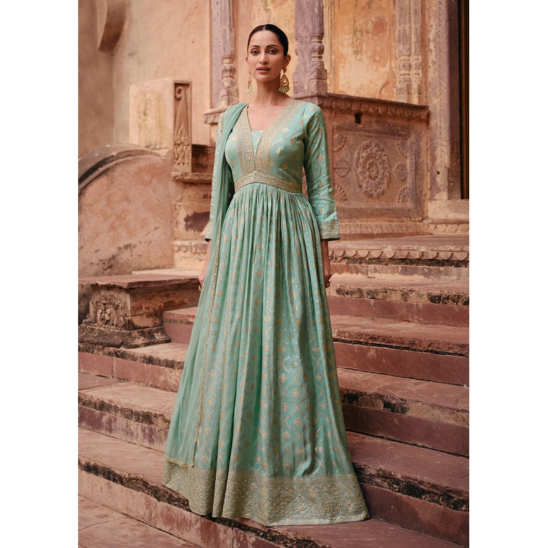 Green Pure Viscose Jacquard Silk Embroidered Designer Anarkali Suit