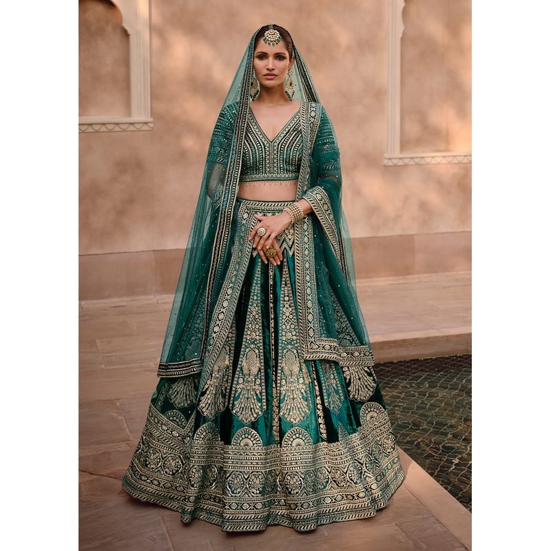 Green Pure Viscose Lycra Silk Embroidered Bridal Lehenga Choli