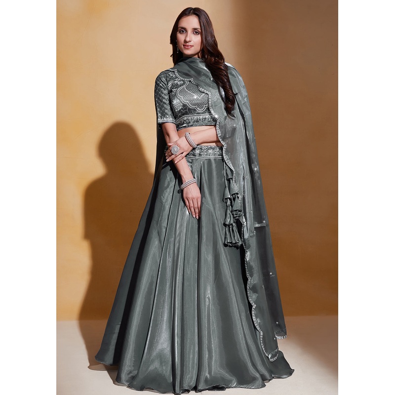 Grey Organza Silk A Line Festive Party Lehenga Choli