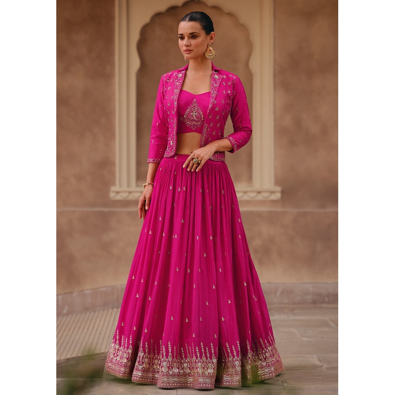 Hot Pink Chinnon Silk Embroidered Designer Lehenga Choli