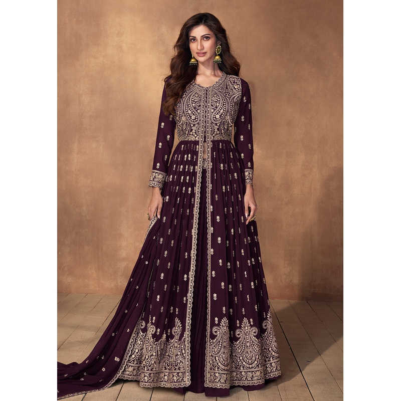 Lehenga Style Plum Purple Wedding Wear Anarkali Suit