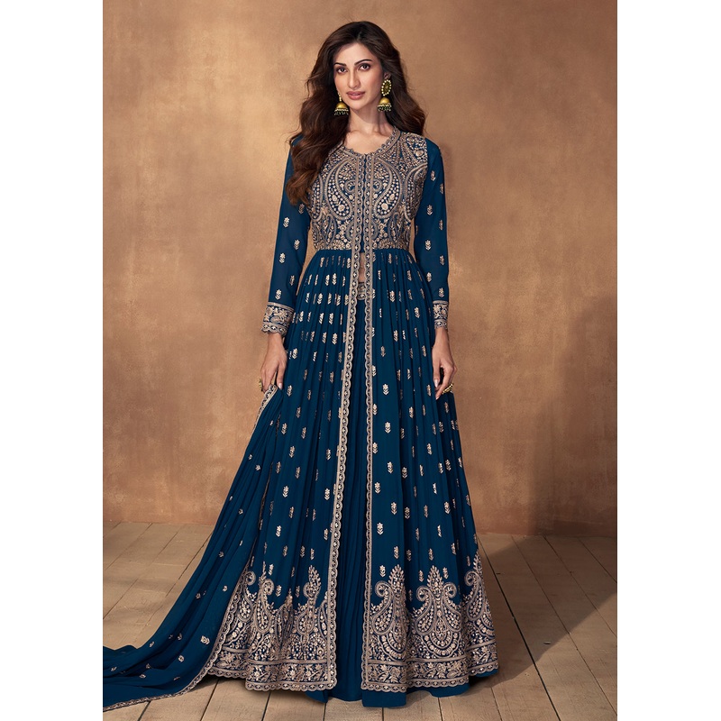 Lehenga Style Prussian Blue Wedding Wear Anarkali Suit