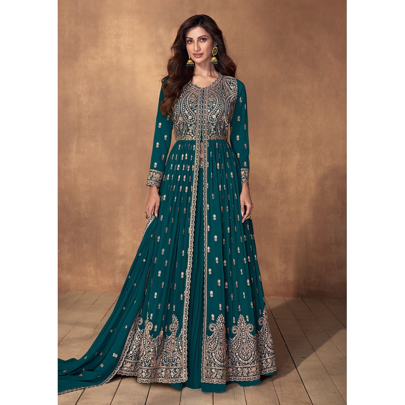 Lehenga Style Turquoise Wedding Wear Anarkali Suit