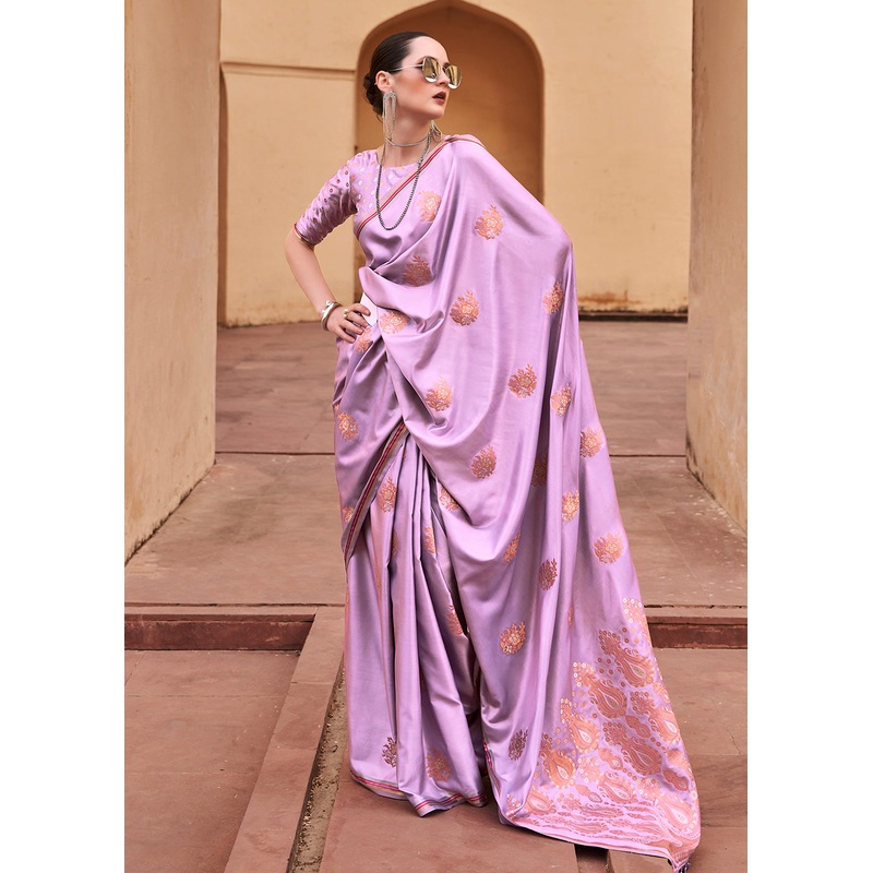 Lilac Purple Pure Satin Zari Weaving Wedding Festive Saree